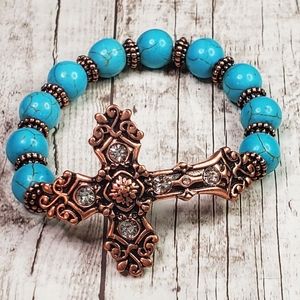 Faux turquoise bead copper cross bracelet